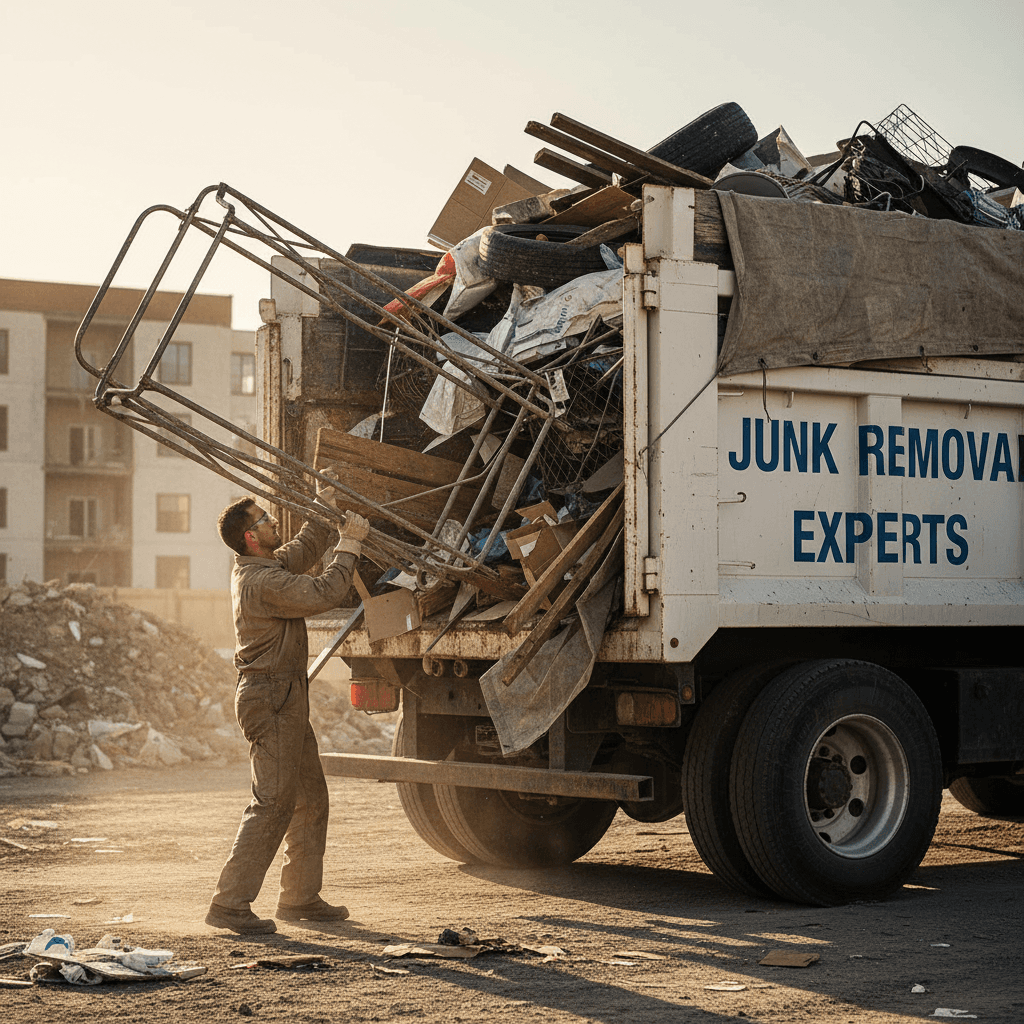 Worker loading old items into the back of a hauling truck