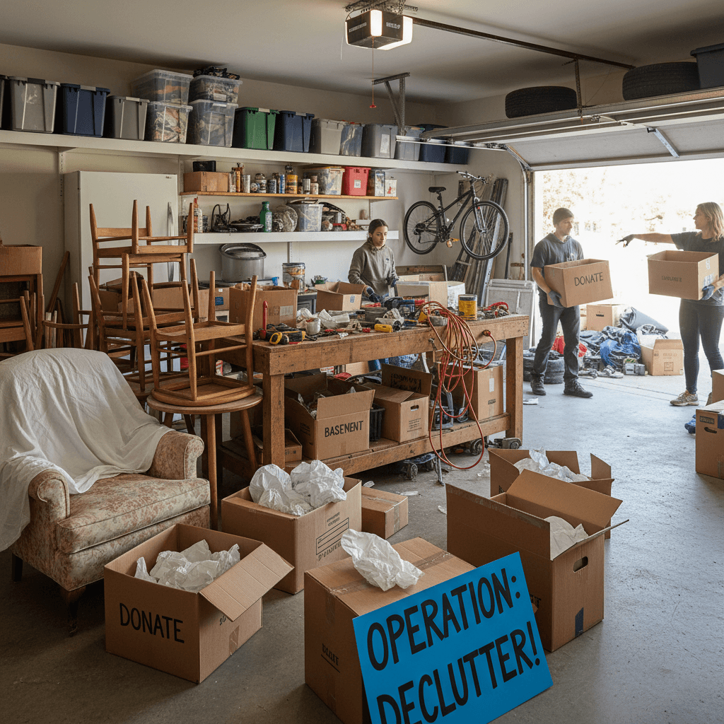 Worker carrying boxes out of a cluttered garage during a cleanout
