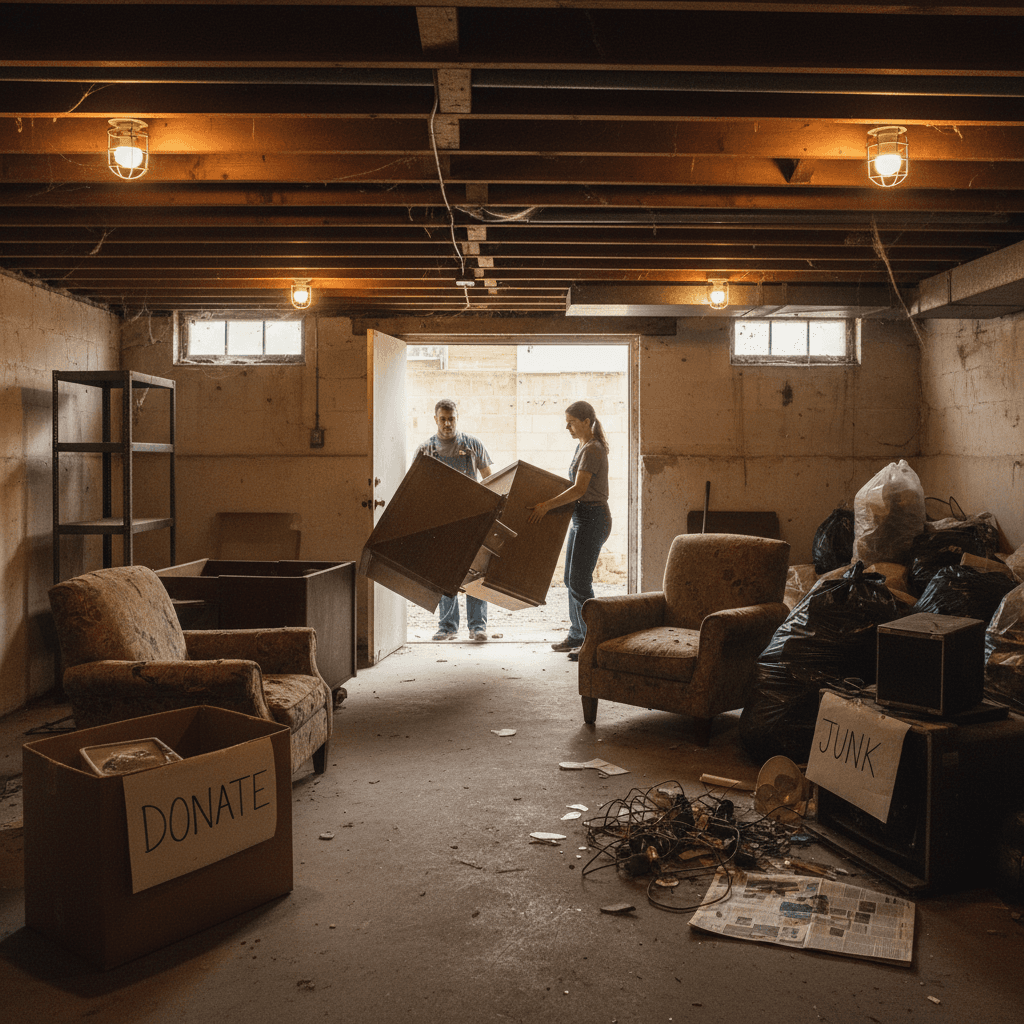 Stack of old furniture and boxes in a basement ready for removal