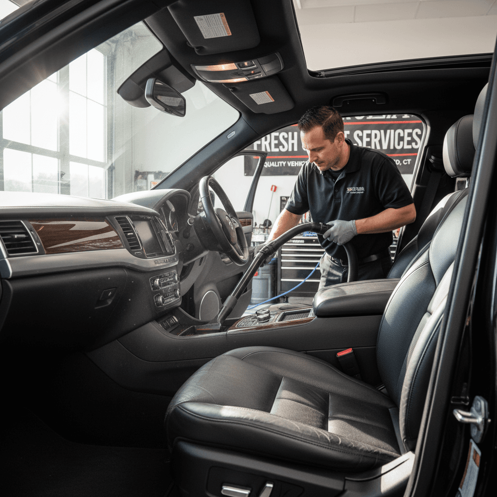 Professional detailer vacuuming car interior seats and carpets
