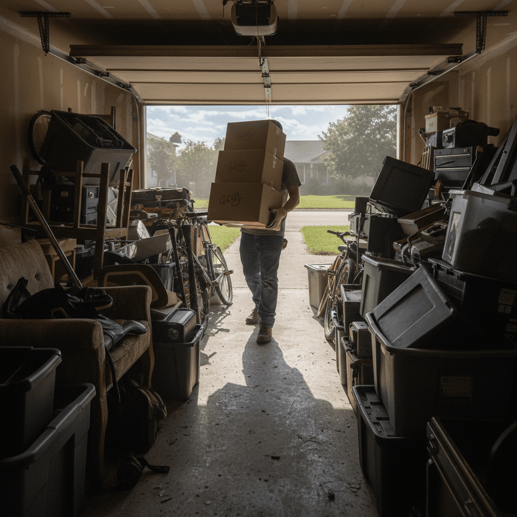 Worker hauling boxes out of a cluttered garage during a cleanout