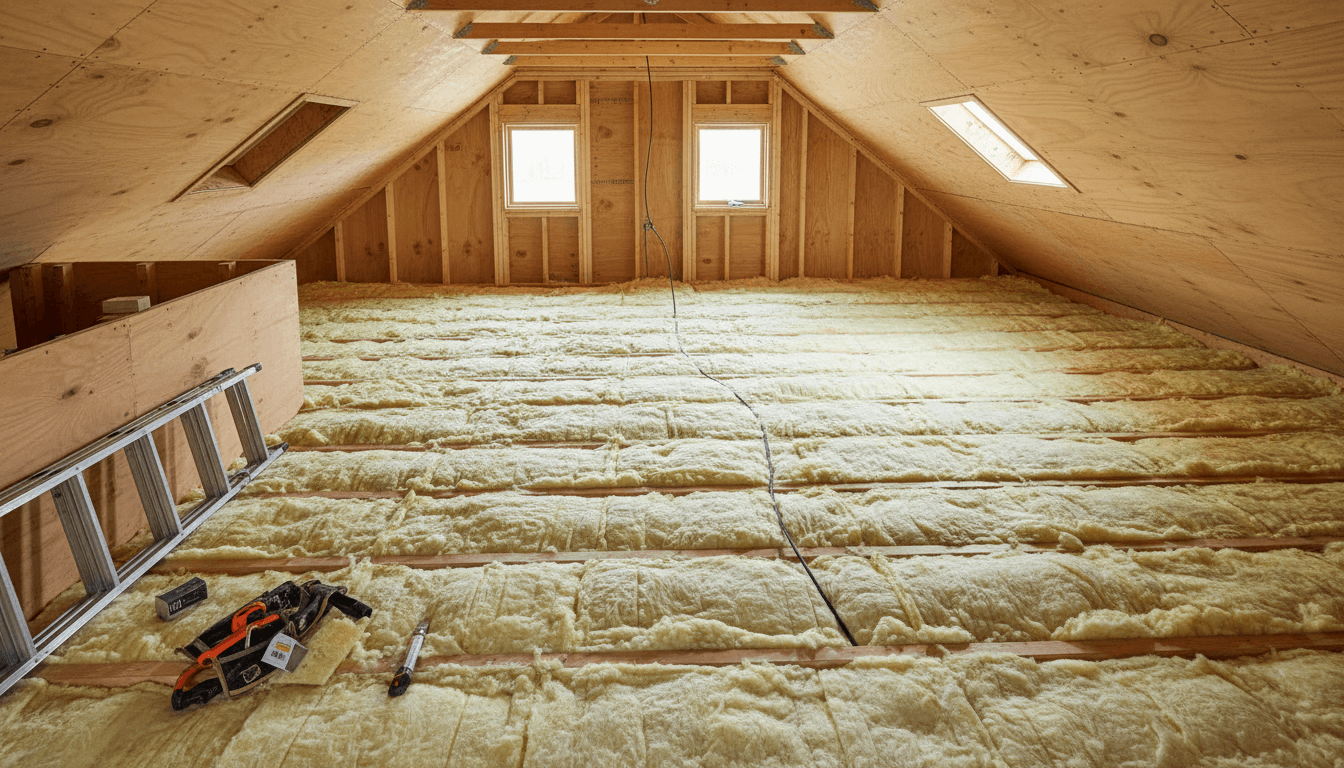 Newly installed fiberglass insulation batts in residential attic space between wooden floor joists
