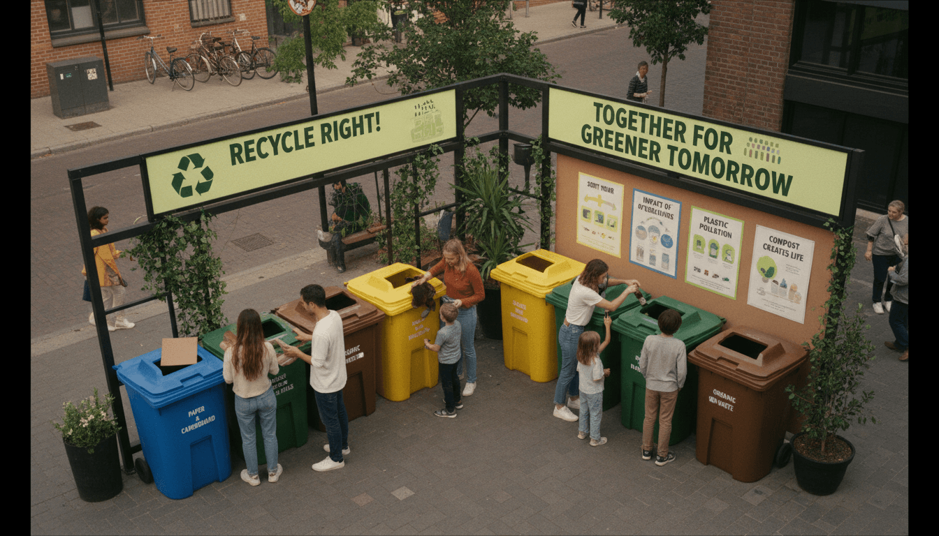Recycling center with bins for electronics and hazardous waste