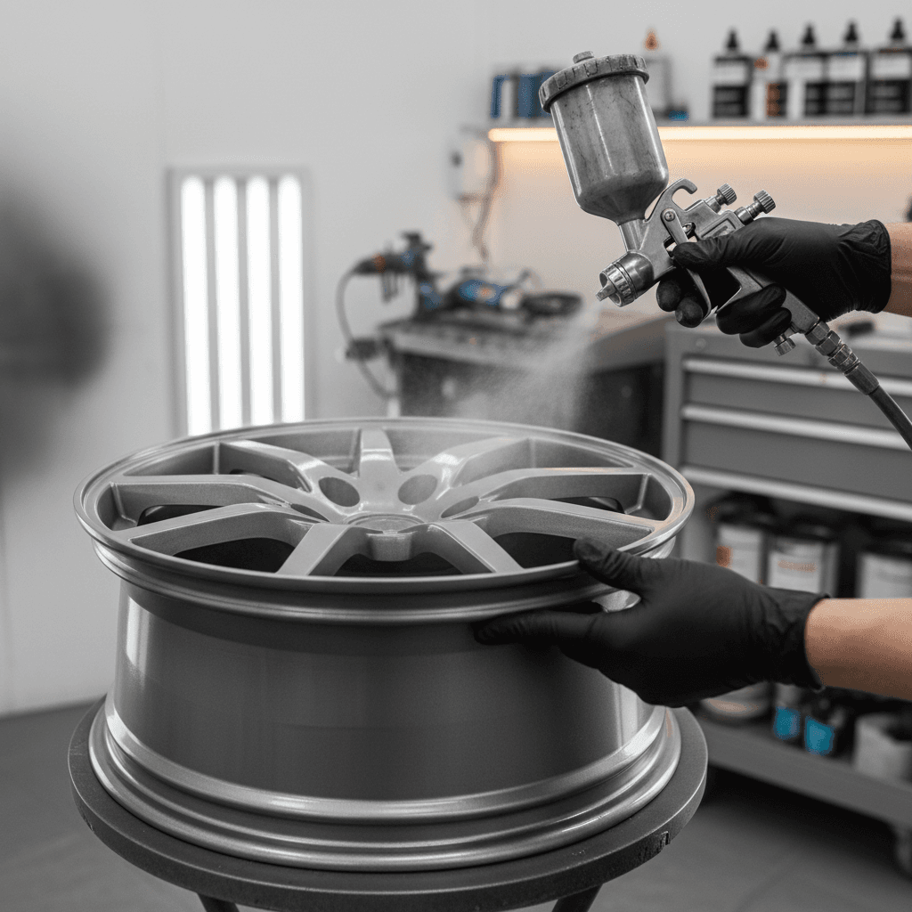 Cleaning alloy wheel and tire on truck with brush and spray