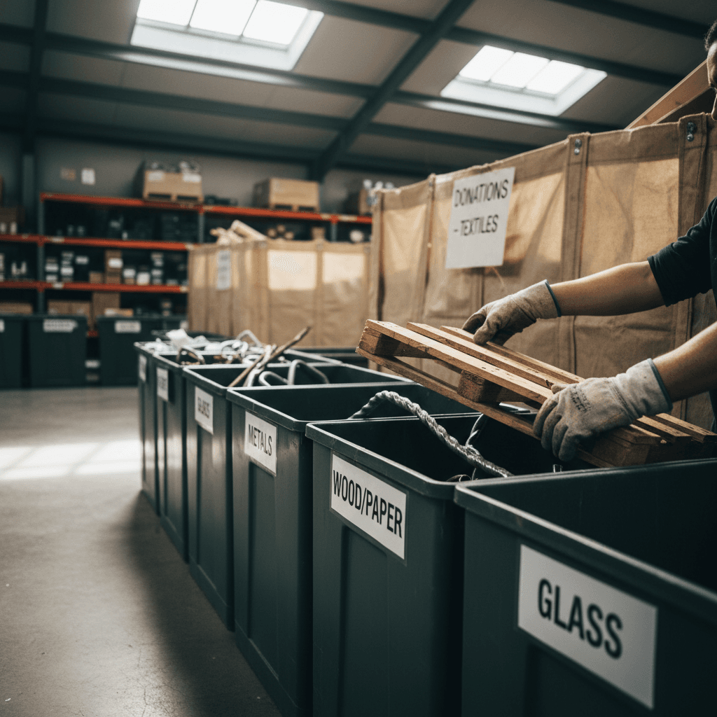 Worker sorting recyclable materials into separate bins outdoors