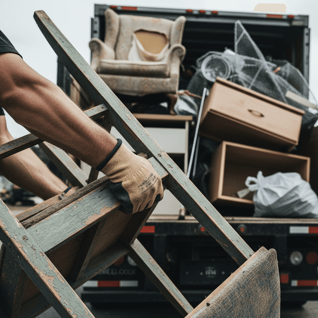 Worker loading old furniture into a junk removal truck