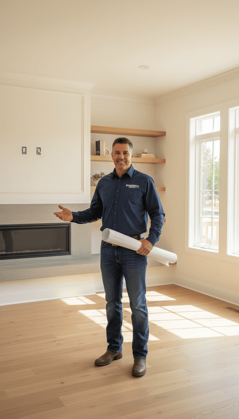 Contractor talking with homeowner in garage with clutter boxes