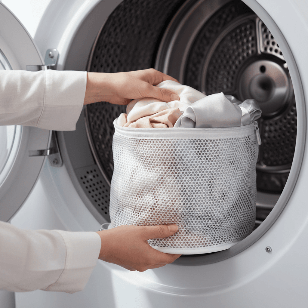 Hands gently placing delicate silk garments into a mesh laundry accessory inside a dryer drum, showcasing protective design.