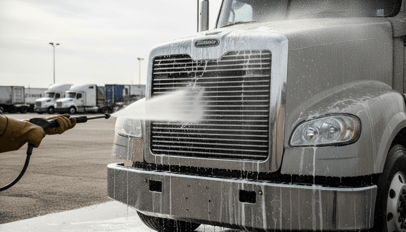 Worker washing commercial truck with high-pressure water spray, soap suds streaming across grille and hood