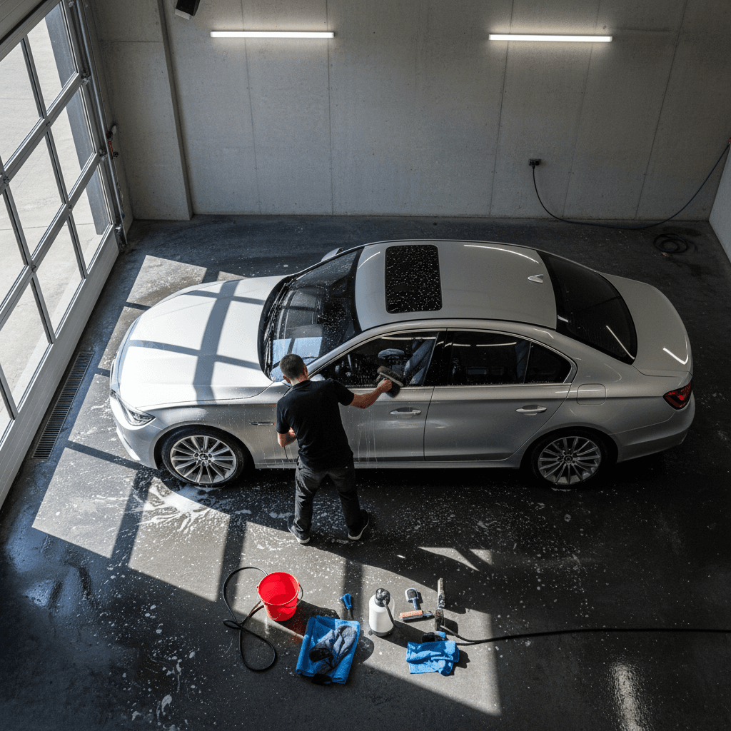 Hand washing a pickup truck exterior with soap and sponge