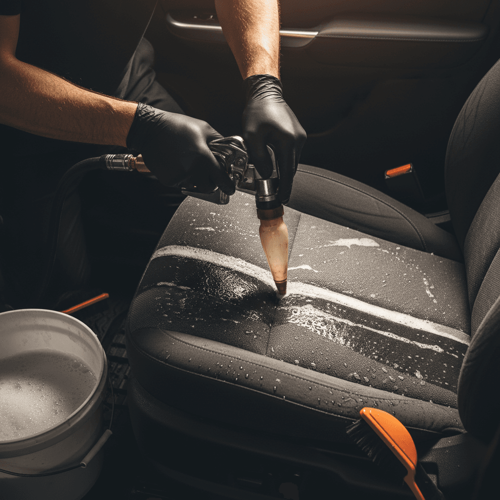 Shampooing car carpet with upholstery cleaning machine