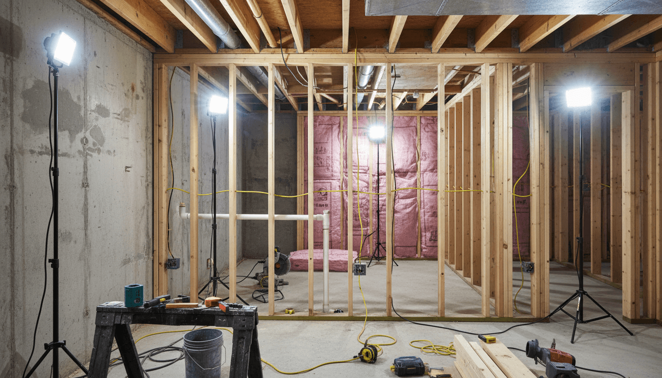 Mid-phase basement renovation showing concrete foundation, new framing, pink insulation batts, and rough electrical systems installation