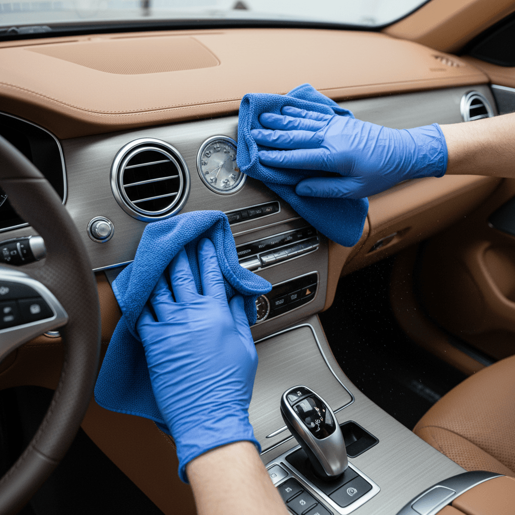 Detailer wiping dashboard and console inside car with microfiber cloth